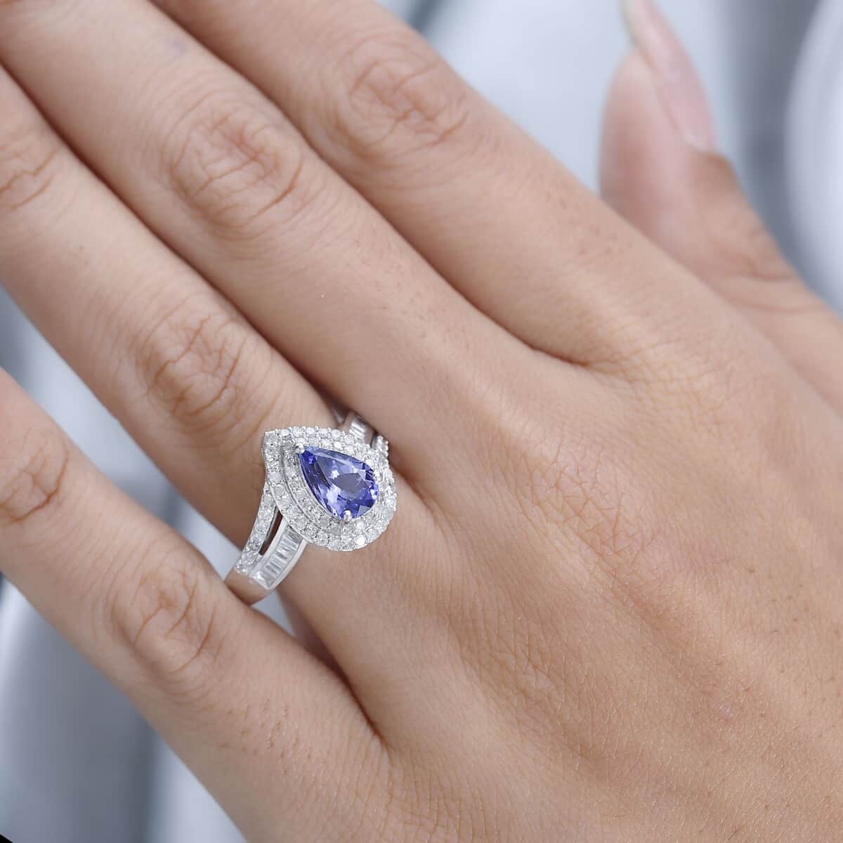 Tanzanite and White Diamond Double Halo Ring in Platinum Over Sterling Silver (Size 10.0) 1.85 ctw image number 2