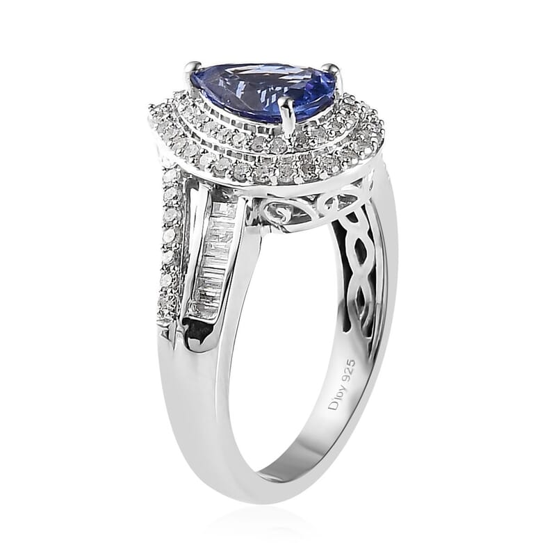 Tanzanite and White Diamond Double Halo Ring in Platinum Over Sterling Silver (Size 10.0) 1.85 ctw
