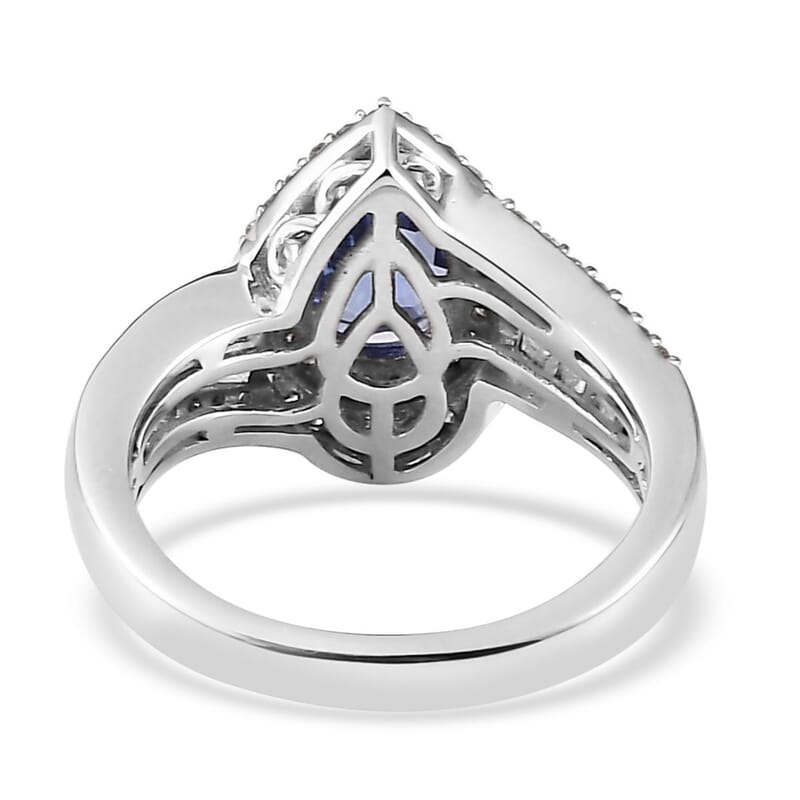 Tanzanite and White Diamond Double Halo Ring in Platinum Over Sterling Silver (Size 10.0) 1.85 ctw