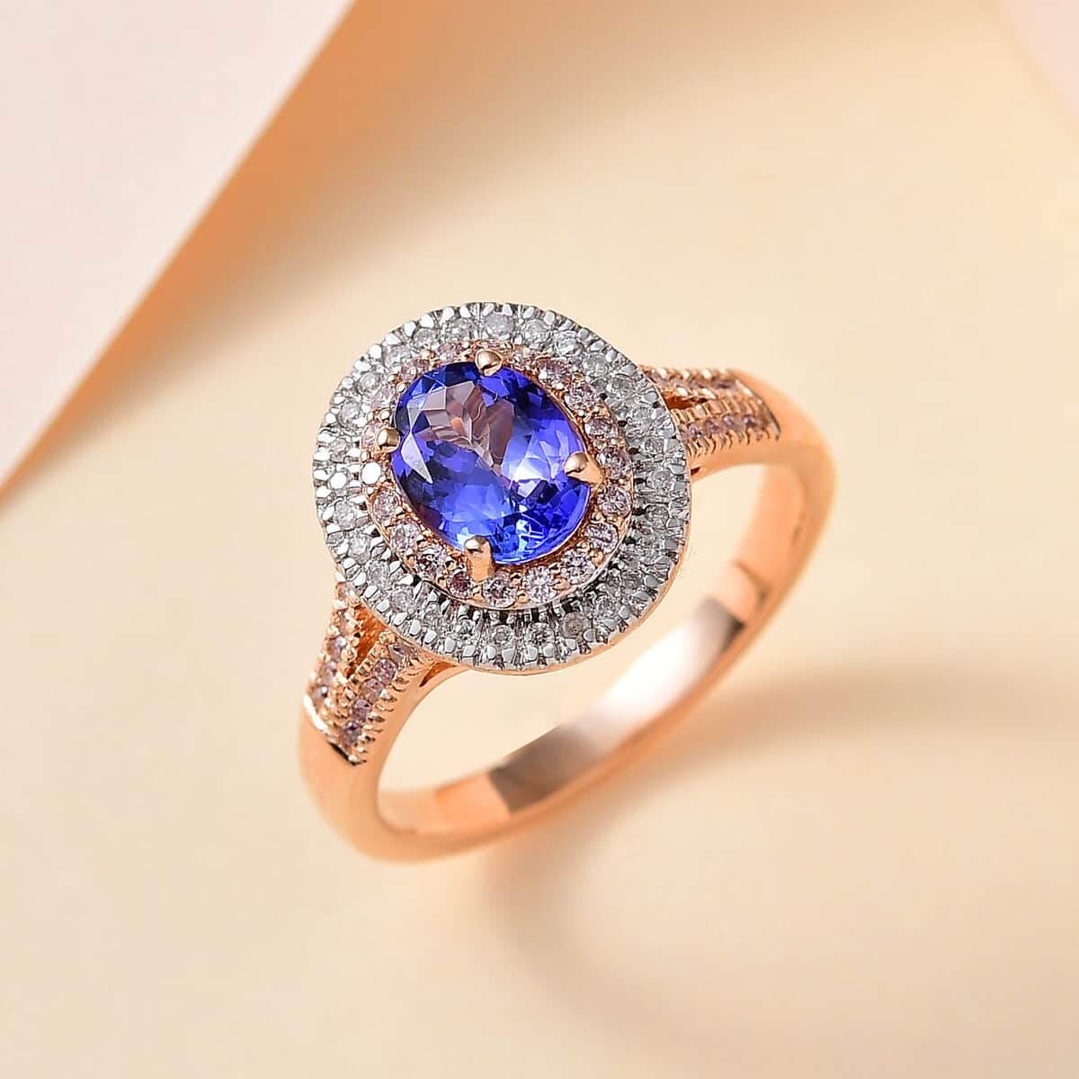 Luxoro 10K Rose Gold Premium Tanzanite, I3 Natural Pink and White Diamond Double Halo Ring (Size 8.0) 4.25 Grams 1.65 ctw (Del. in 7-10 Days) image number 1