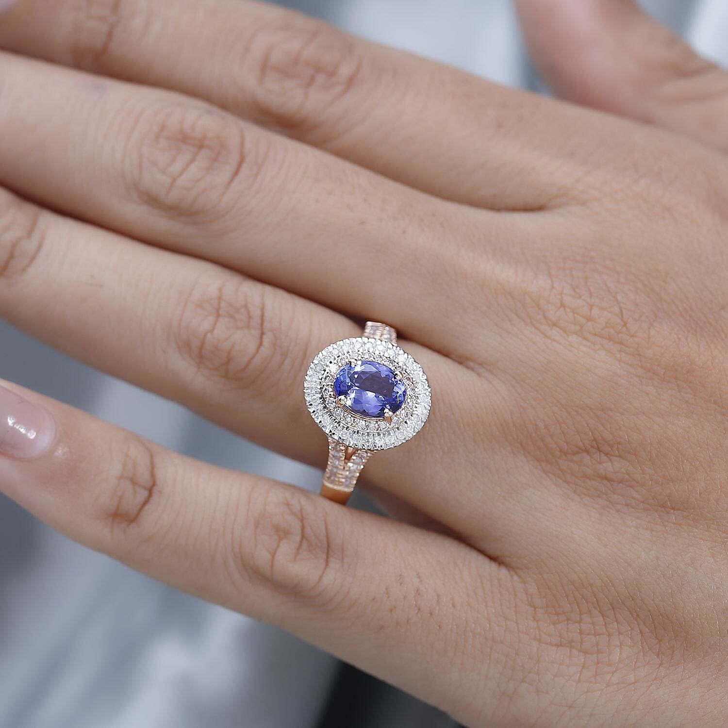 Luxoro 10K Rose Gold Premium Tanzanite, Natural Pink and White Diamond I3 Double Halo Ring (Size 8.0) 4.25 Grams 1.85 ctw
