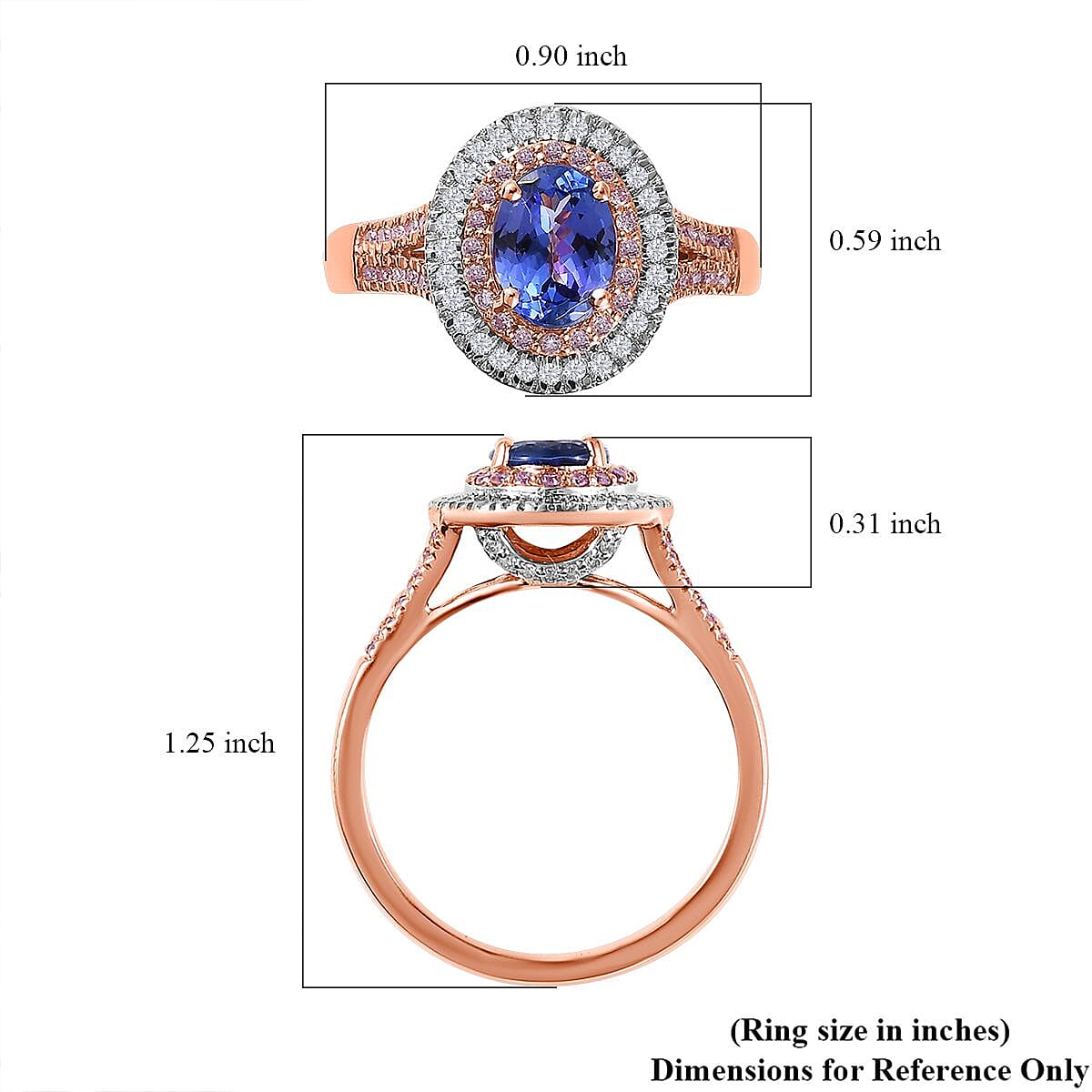 Luxoro 10K Rose Gold Premium Tanzanite, Natural Pink and White Diamond I3 Double Halo Ring (Size 8.0) 4.25 Grams 1.85 ctw