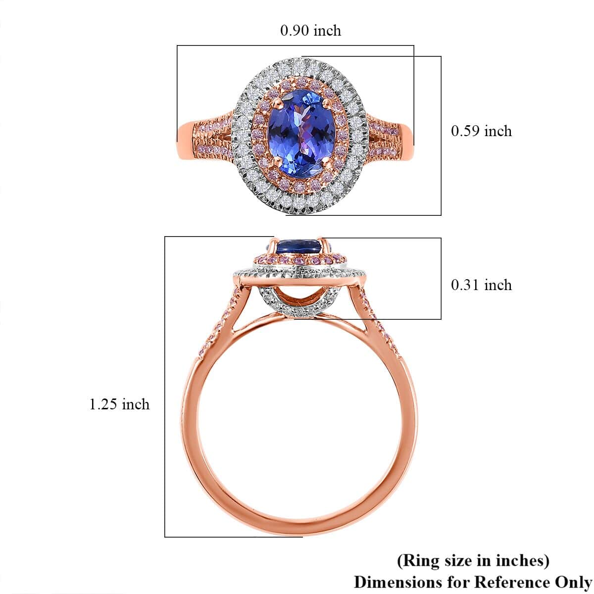 Luxoro 10K Rose Gold Premium Tanzanite, Natural Pink and White Diamond I3 Double Halo Ring (Size 8.0) 4.25 Grams 1.85 ctw image number 5