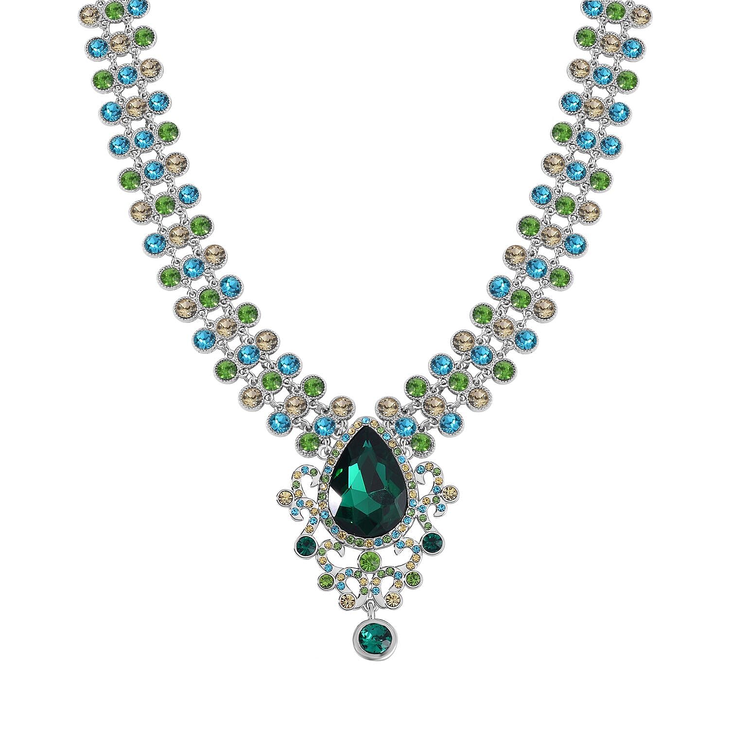 Green Austrian Crystal Necklace in Silvertone 20 Inches 