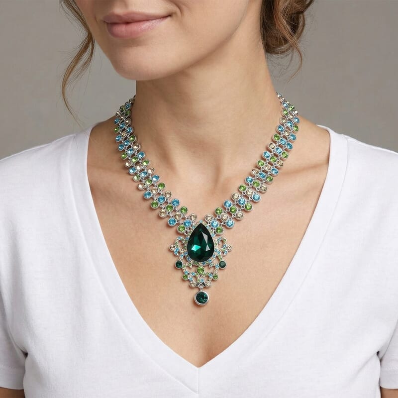 Green Austrian Crystal Necklace in Silvertone 20 Inches 