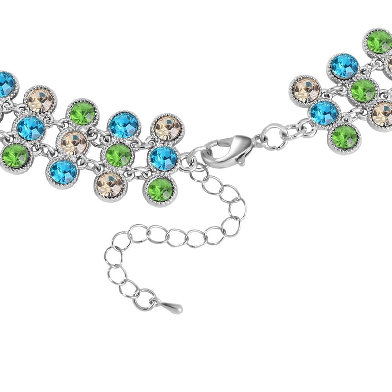 Green Austrian Crystal Necklace in Silvertone 20 Inches 