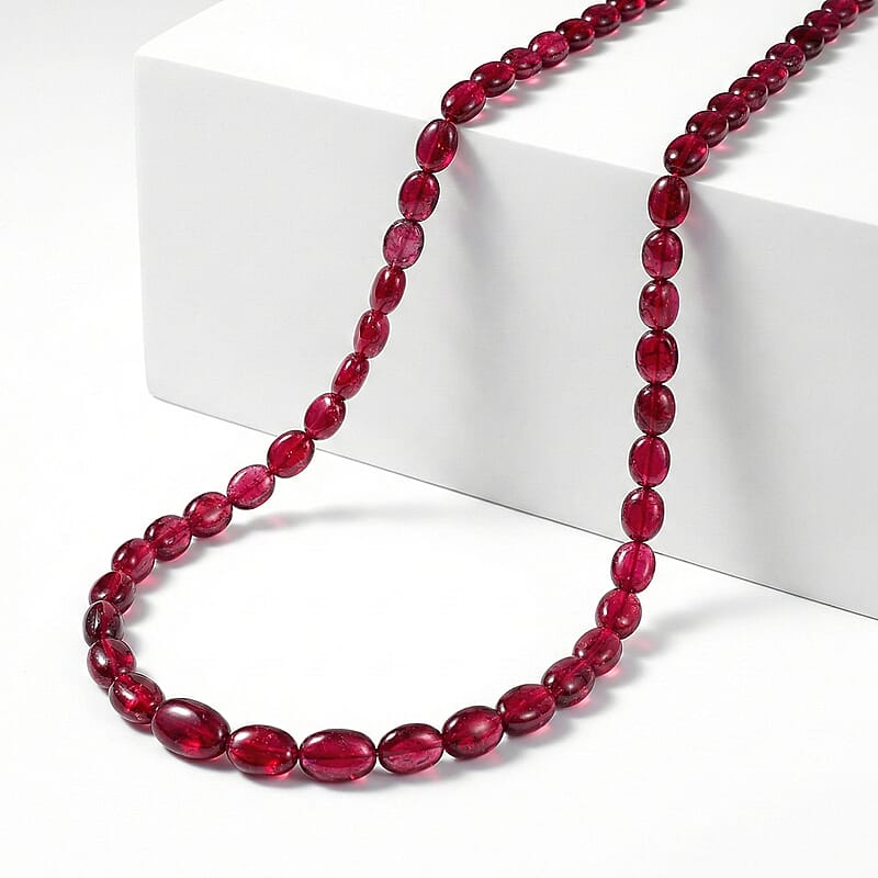 Certified & Appraised Rhapsody 950 Platinum AAAA Ouro Fino Rubellite Beaded Graduated Necklace 18 Inches with 2 Inch Extender 100.00 ctw