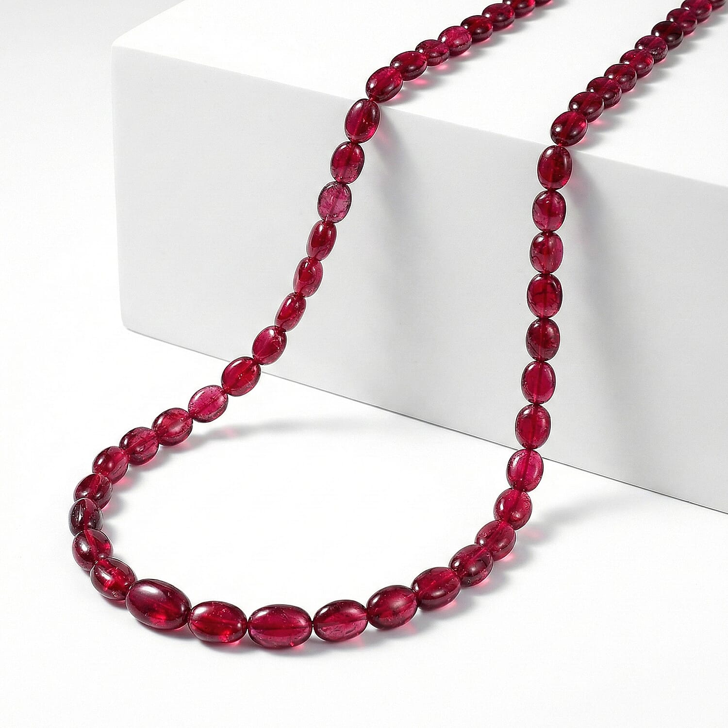 Certified & Appraised Rhapsody 950 Platinum AAAA Ouro Fino Rubellite Beaded Graduated Necklace 18 Inches with 2 Inch Extender 10