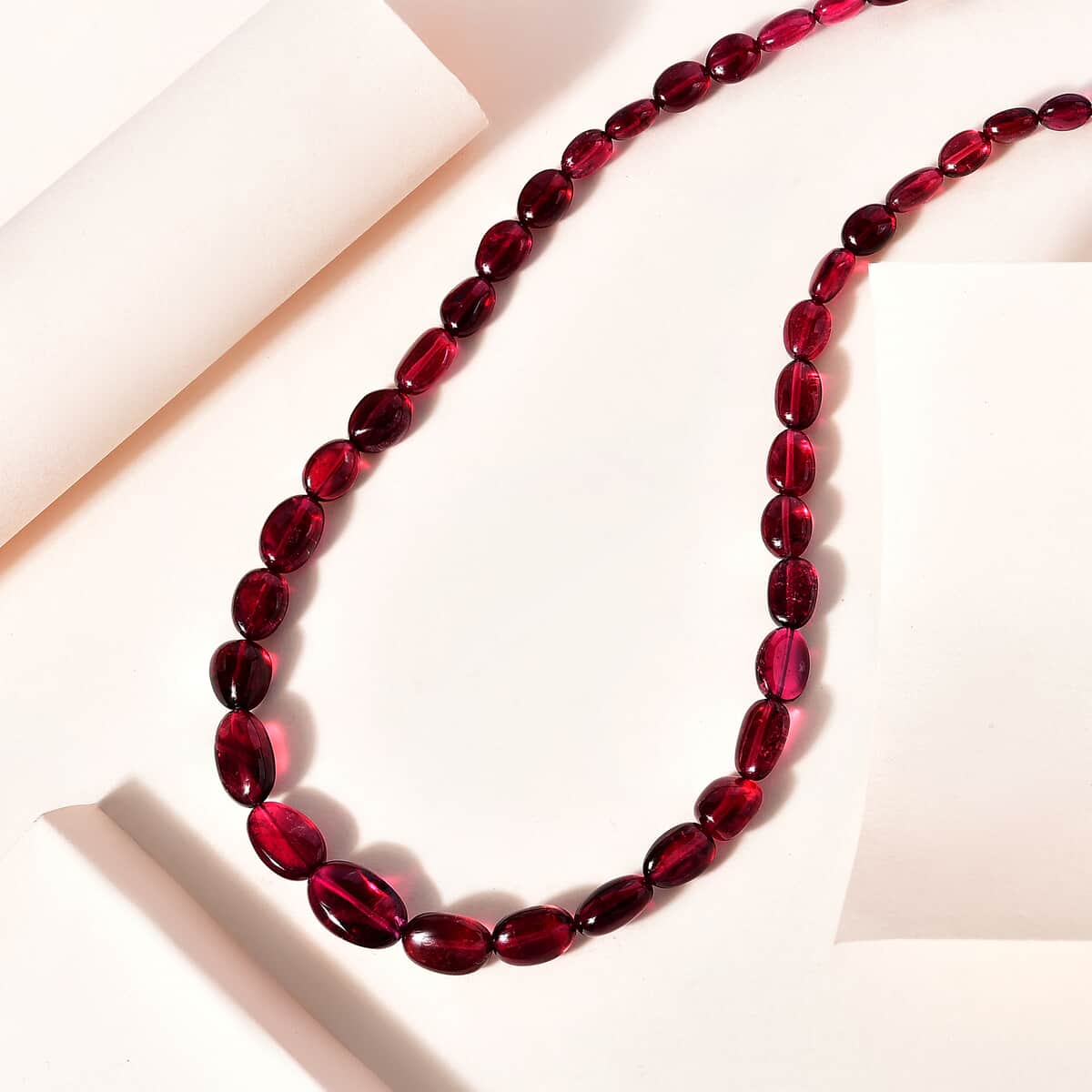 Certified & Appraised Rhapsody 950 Platinum AAAA Ouro Fino Rubellite Beaded Graduation Necklace 18 Inches with 2 Inch Extender 100.00 ctw image number 1