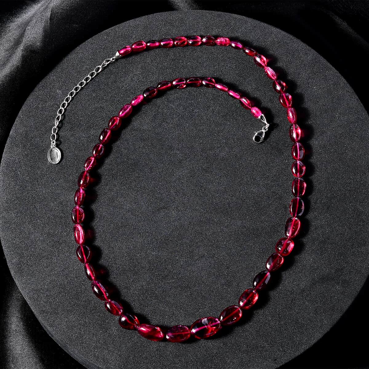 Certified & Appraised Rhapsody 950 Platinum AAAA Ouro Fino Rubellite Beaded Graduation Necklace 18 Inches with 2 Inch Extender 100.00 ctw image number 3