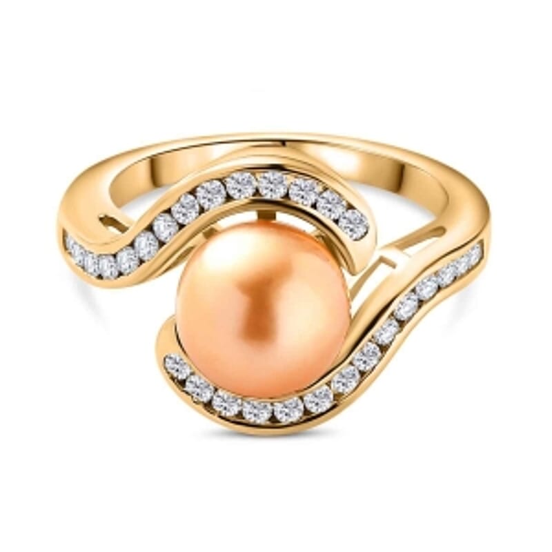 South Sea Golden Pearl and Moissanite 0.66 ctw Ring in 18K Vermeil Yellow Gold Over Sterling Silver (Size 10.0)