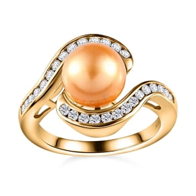South Sea Golden Pearl and Moissanite 0.66 ctw Ring in 18K Vermeil Yellow Gold Over Sterling Silver (Size 10.0)