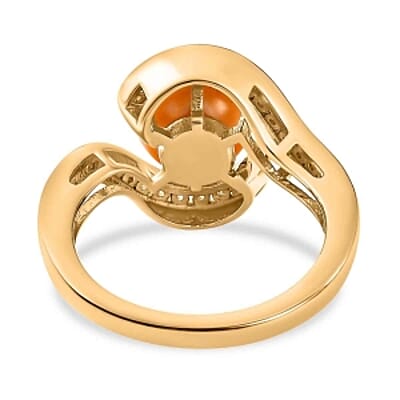 South Sea Golden Pearl and Moissanite 0.66 ctw Ring in 18K Vermeil Yellow Gold Over Sterling Silver (Size 10.0)