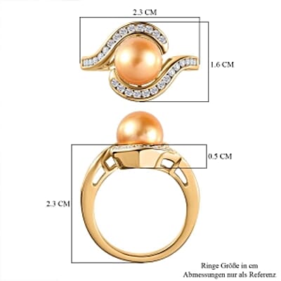 South Sea Golden Pearl and Moissanite 0.66 ctw Ring in 18K Vermeil Yellow Gold Over Sterling Silver (Size 10.0)