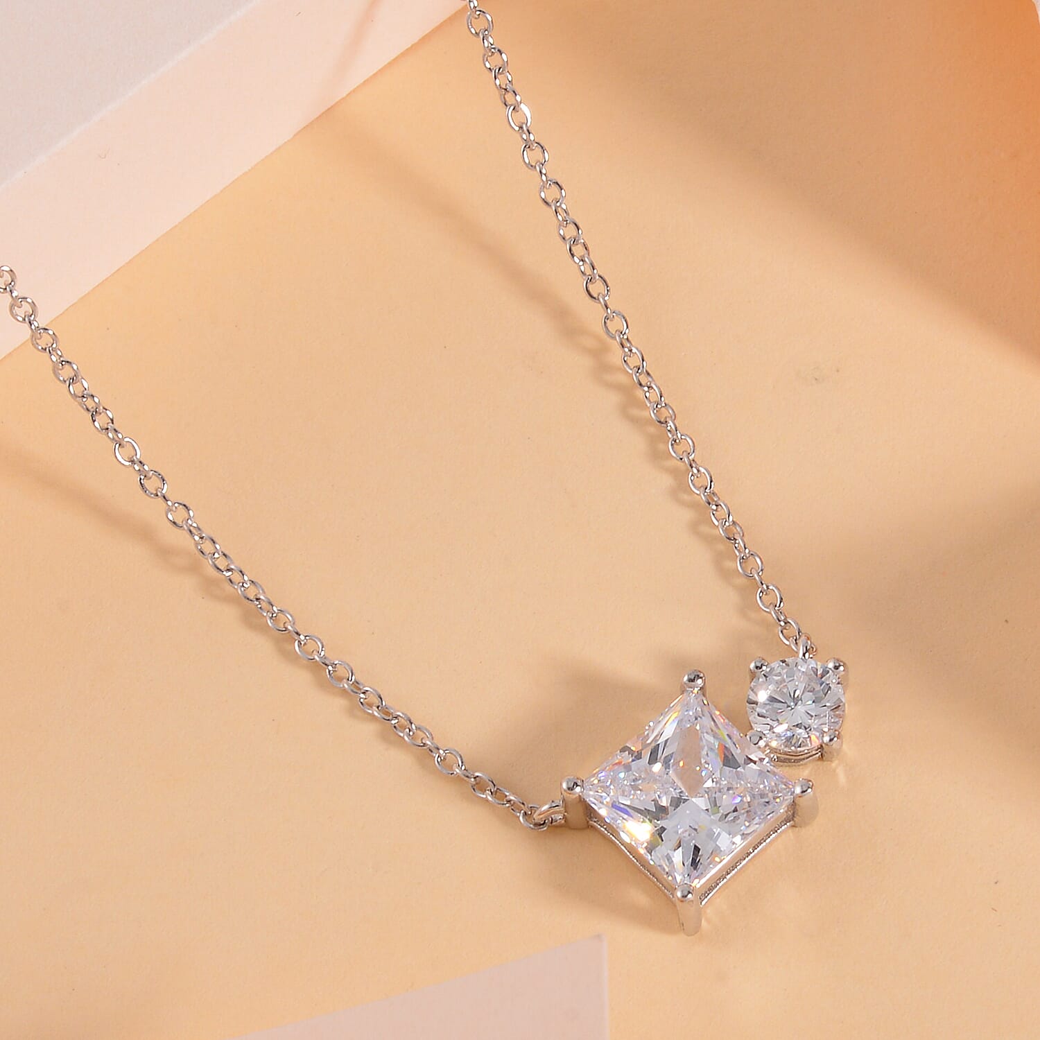 Lustro Stella Finest CZ Mixed Shapes Toi Et Moi Necklace 16-18 Inches in Rhodium Over Sterling Silver 3.50 ctw