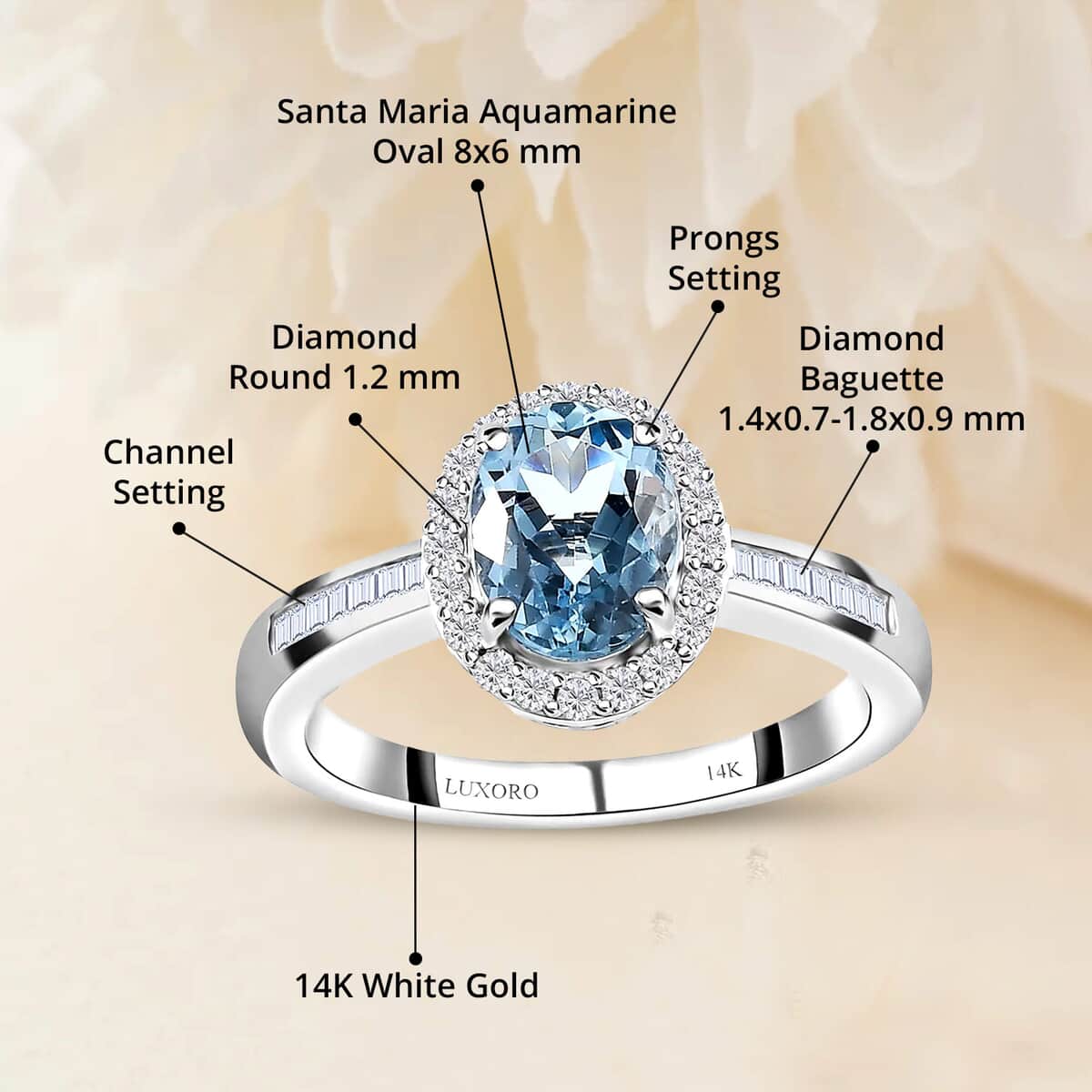 Luxoro AAA Santa Maria Aquamarine and G-H I2 Diamond 1.50 ctw Halo Ring in 14K White Gold (Size 6.0) image number 4