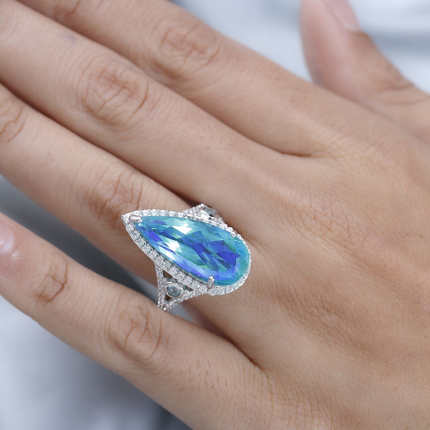 Peacock Quartz (Triplet) and Multi Gemstone Halo Ring in Platinum Over Sterling Silver (Size 10.0) 11.75 ctw