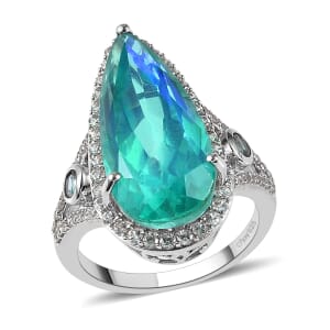 Peacock Quartz (Triplet) and Multi Gemstone Halo Ring in Platinum Over Sterling Silver (Size 9.0) 11.75 ctw
