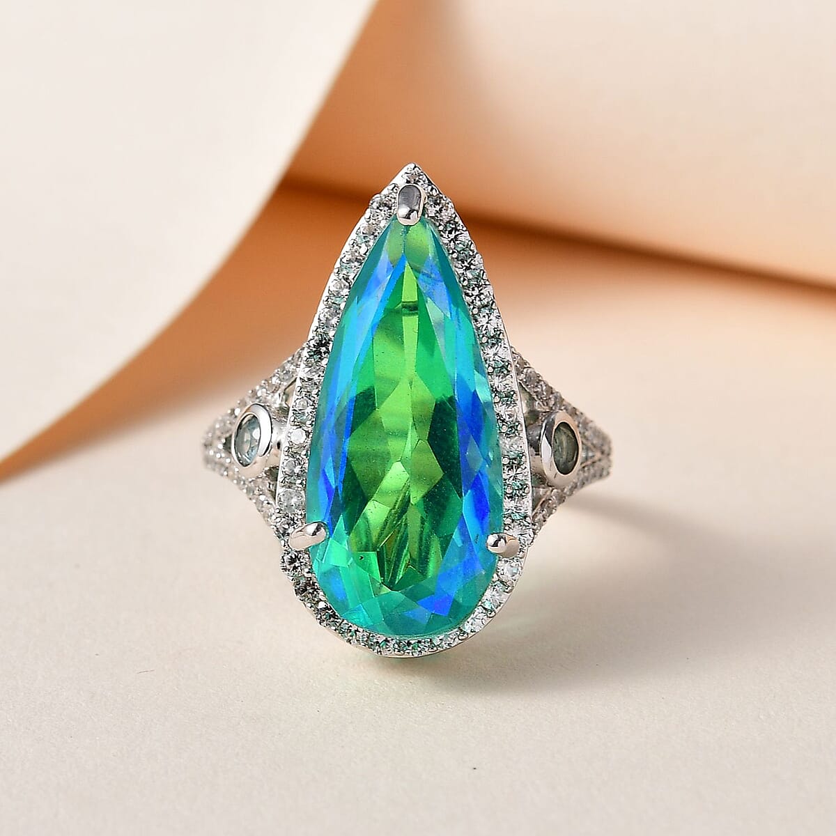 Peacock Quartz (Triplet) and Multi Gemstone Halo Ring in Platinum Over Sterling Silver (Size 9.0) 11.75 ctw image number 1