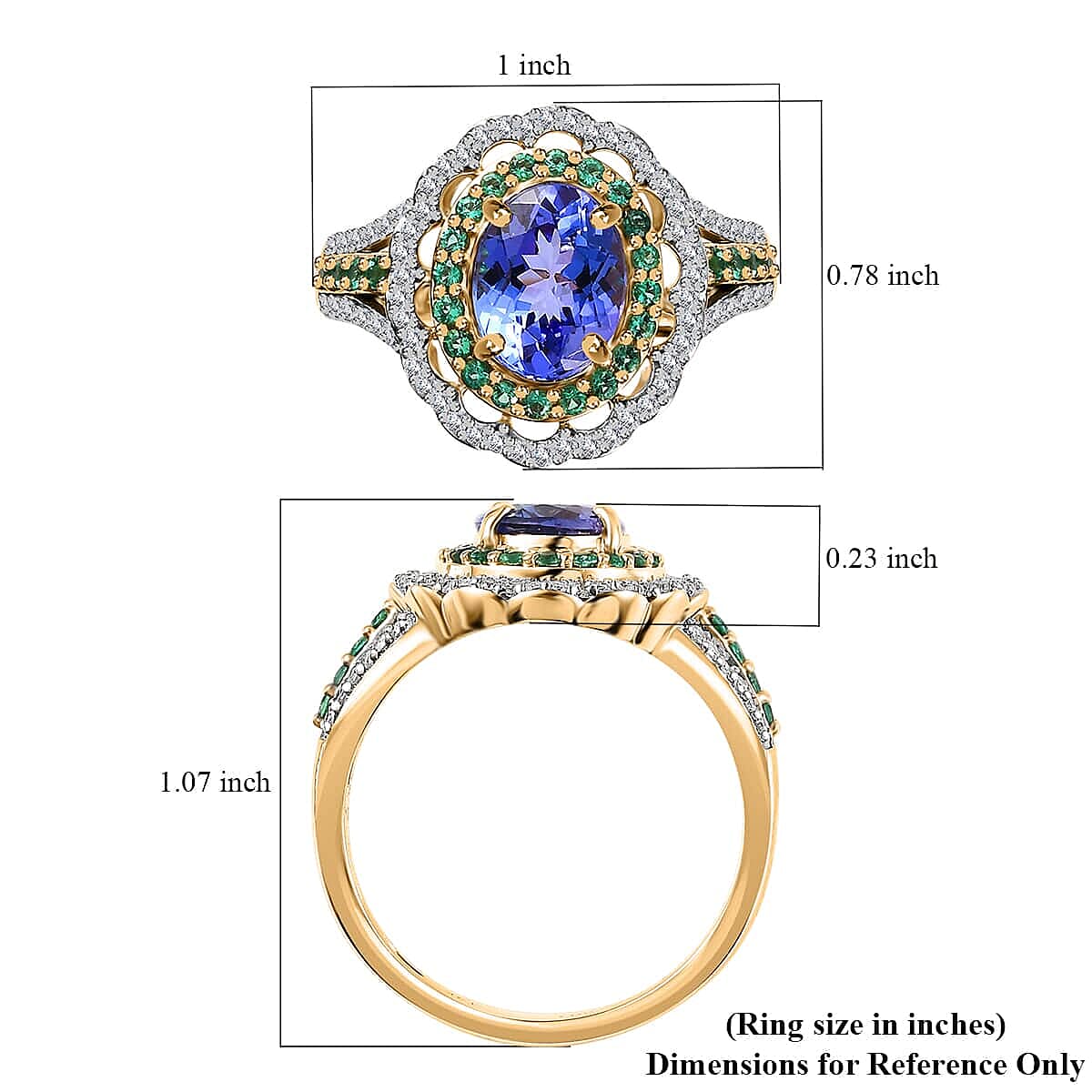 Luxoro 14K Yellow Gold Premium Tanzanite and Boyaca Colombian Emerald, Diamond G-H I3 Double Halo Ring (Size 10.0) 5 Grams 3.15 ctw