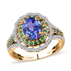 Luxoro 14K Yellow Gold Premium Tanzanite and Boyaca Colombian Emerald, Diamond G-H I3 Double Halo Ring (Size 5.0) 5 Grams 3.15 ctw