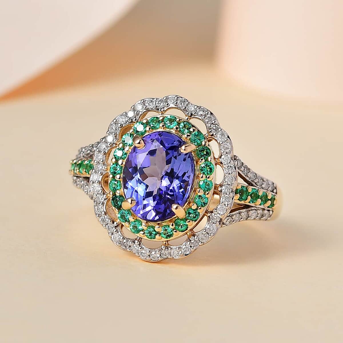 Luxoro 14K Yellow Gold Premium Tanzanite and Boyaca Colombian Emerald, Diamond G-H I3 Double Halo Ring (Size 5.0) 5 Grams 3.15 ctw image number 1