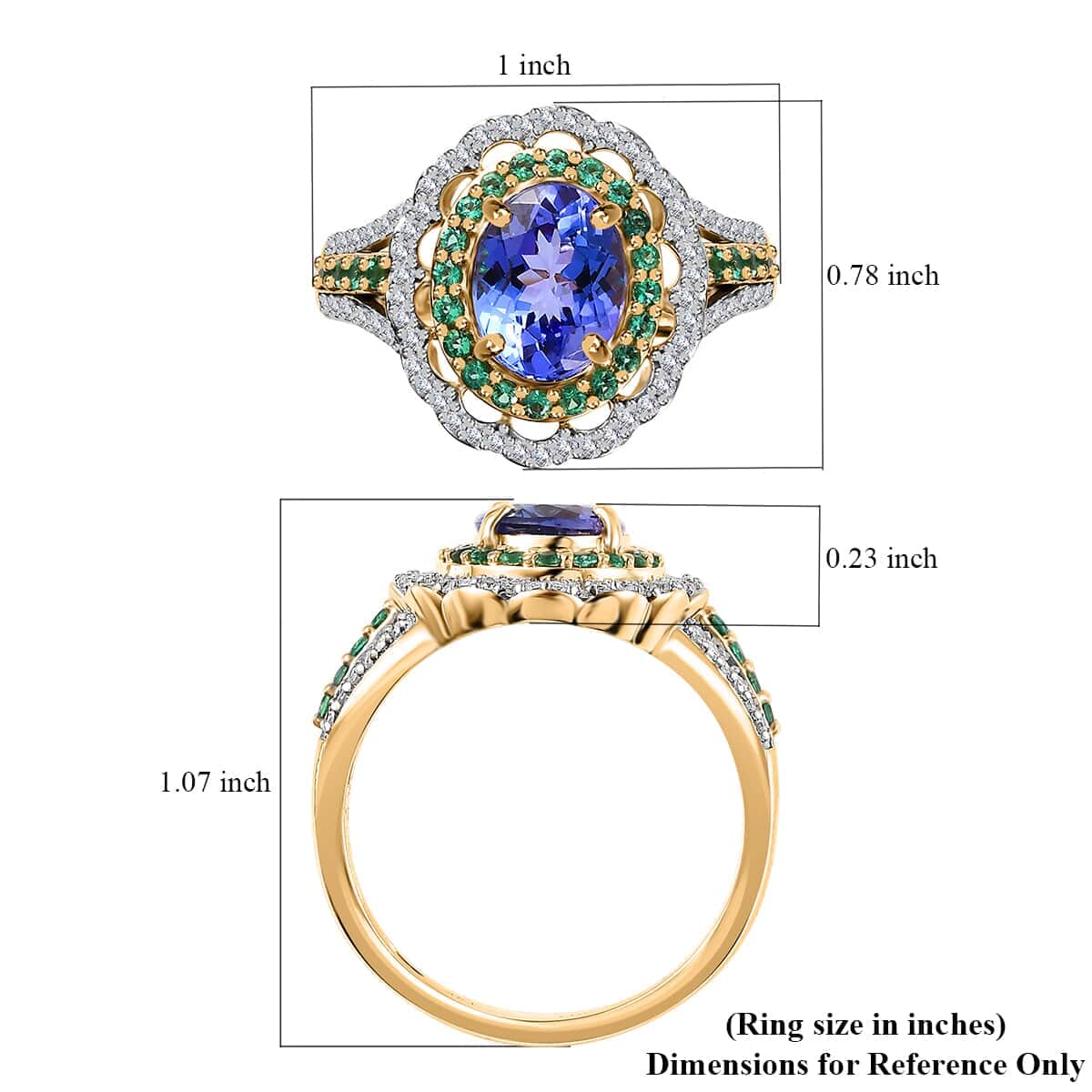 Luxoro 14K Yellow Gold Premium Tanzanite and Boyaca Colombian Emerald, Diamond G-H I3 Double Halo Ring (Size 5.0) 5 Grams 3.15 ctw image number 5