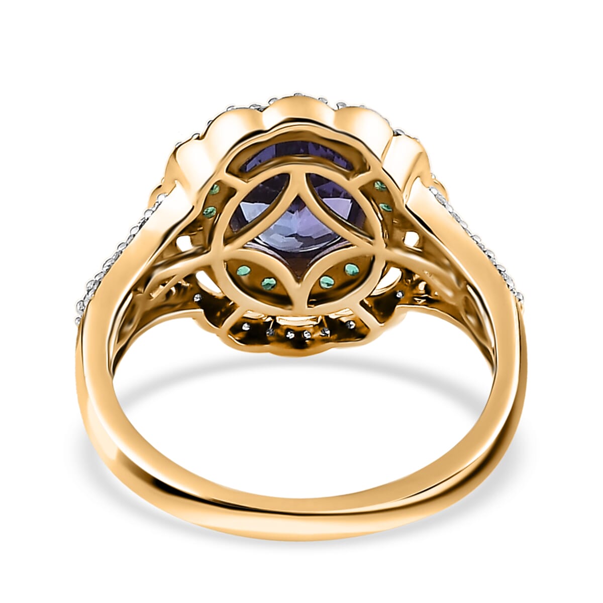 Luxoro 14K Yellow Gold Premium Tanzanite and Boyaca Colombian Emerald, Diamond G-H I3 Double Halo Ring (Size 8.0) 5 Grams 3.15 ctw image number 4