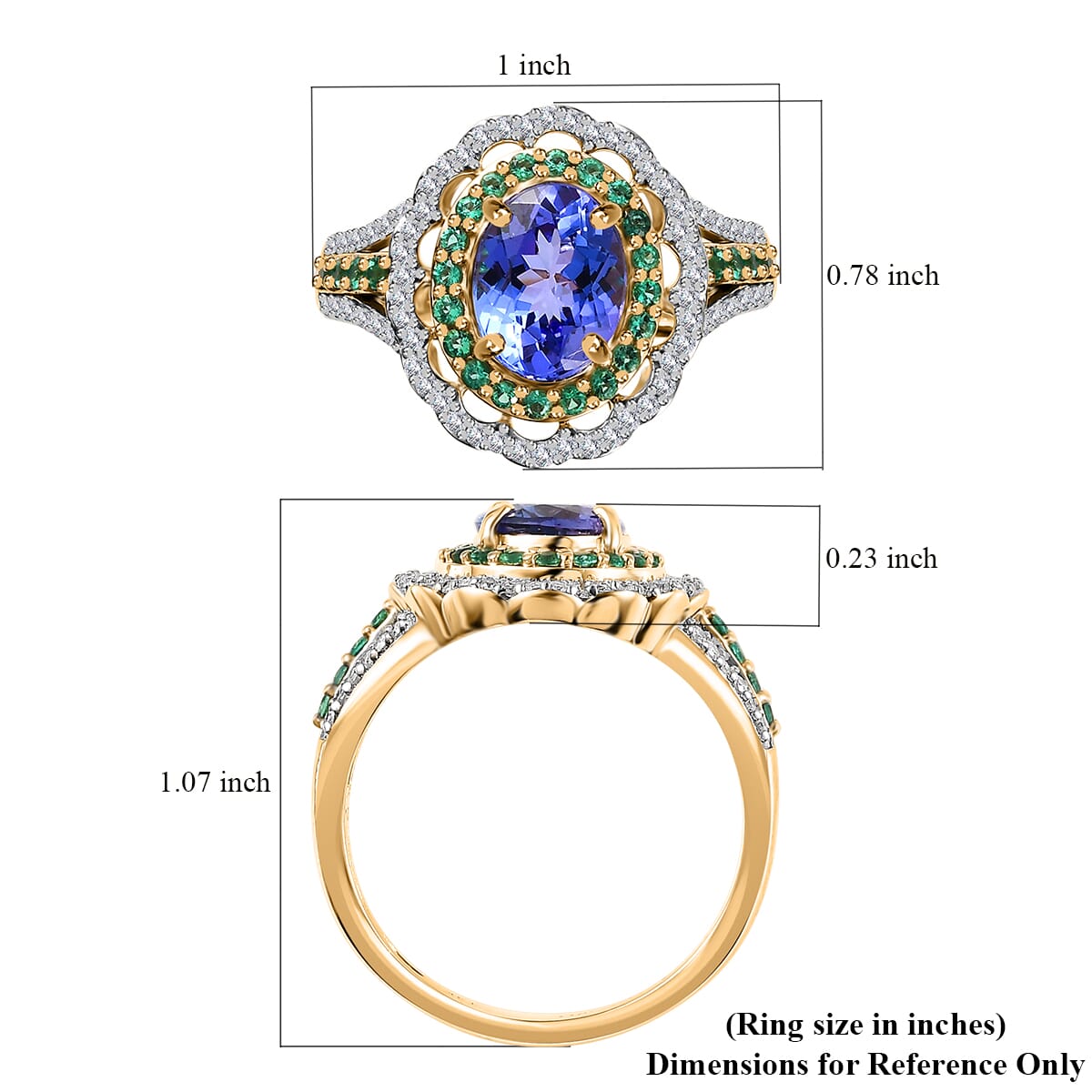 Luxoro 14K Yellow Gold Premium Tanzanite and Boyaca Colombian Emerald, Diamond G-H I3 Double Halo Ring (Size 8.0) 5 Grams 3.15 ctw image number 5
