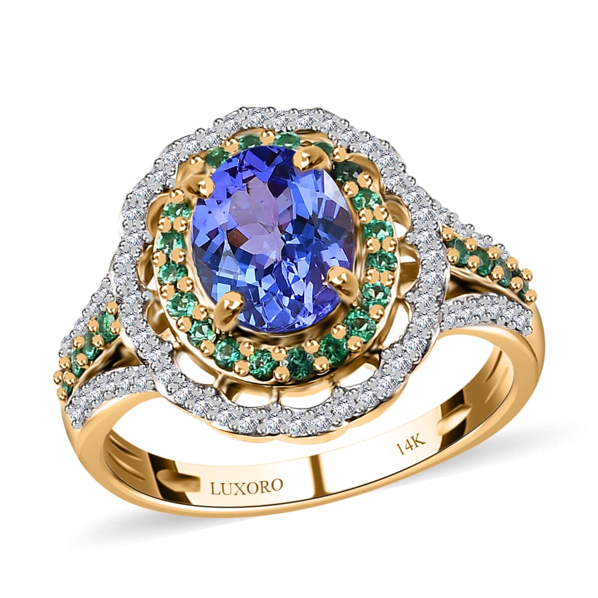 Luxoro 14K Yellow Gold Premium Tanzanite, Boyaca Colombian Emerald and G-H I3 Diamond Double Halo Ring 3.70 ctw (Del. in 7-10 Days) image number 0