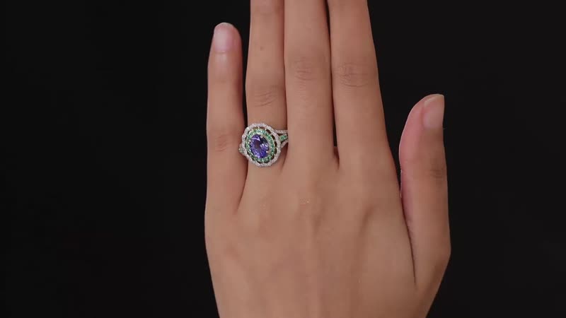 Luxoro 14K Yellow Gold Premium Tanzanite, Boyaca Colombian Emerald and G-H I3 Diamond Double Halo Ring 3.70 ctw (Del. in 7-10 Days)