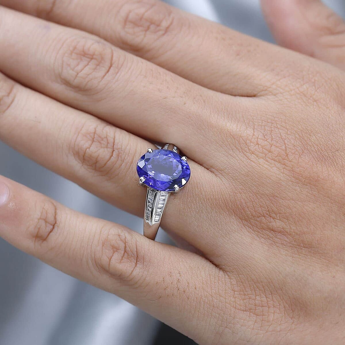 Rhapsody 950 Platinum AAAA Tanzanite and E-F VS2 Diamond Ring (Size 5.0) 7.65 Grams 5.20 ctw image number 2