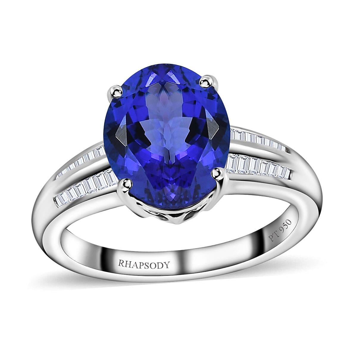 Rhapsody 950 Platinum AAAA Tanzanite and E-F VS2 Diamond Ring (Size 6.0) 7.65 Grams 5.20 ctw image number 0