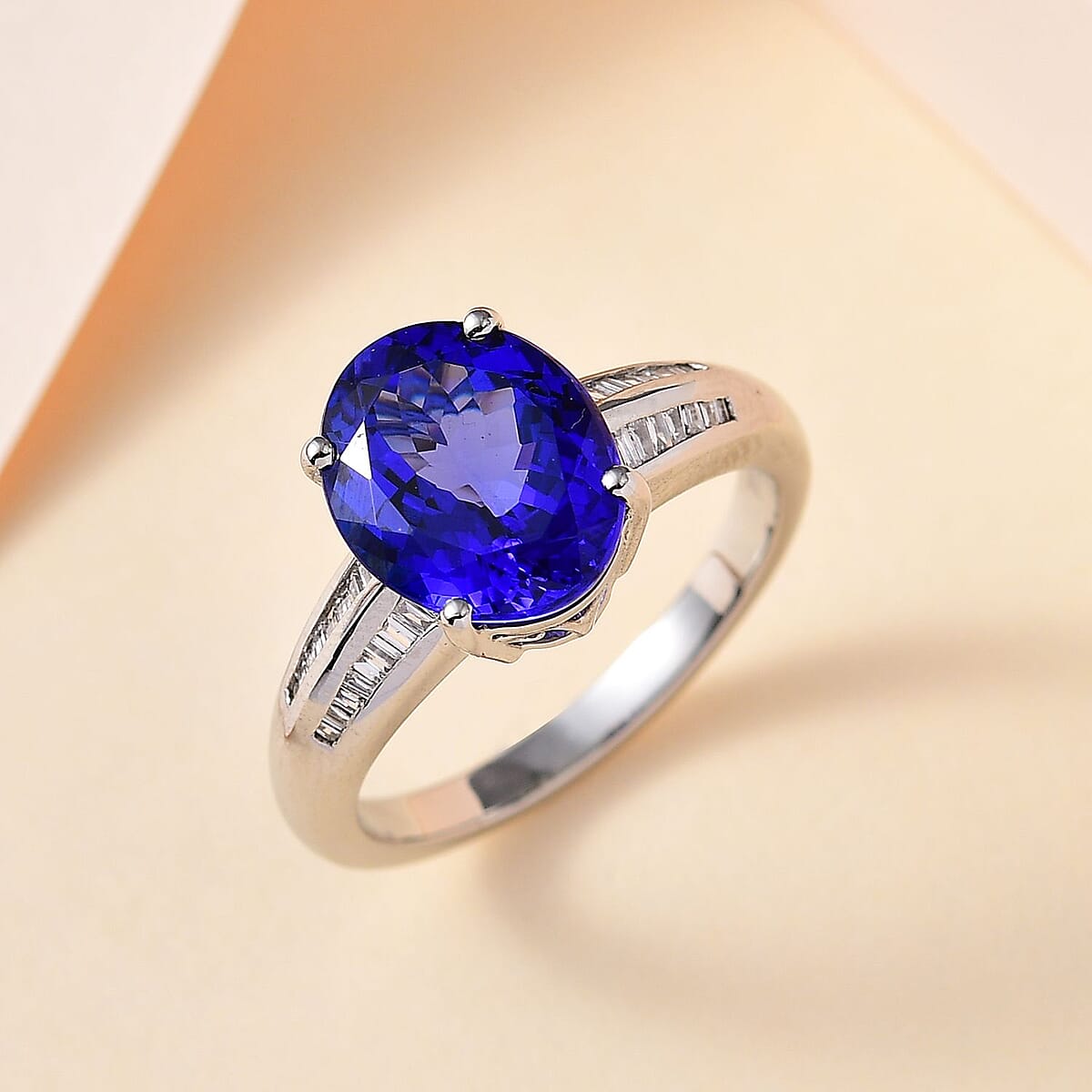 Rhapsody 950 Platinum AAAA Tanzanite and E-F VS2 Diamond Ring (Size 6.0) 7.65 Grams 5.20 ctw image number 1