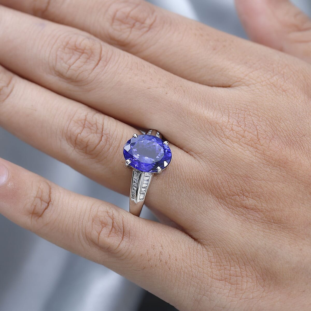 Rhapsody 950 Platinum AAAA Tanzanite and E-F VS2 Diamond Ring (Size 7.0) 7.65 Grams 5.20 ctw image number 2
