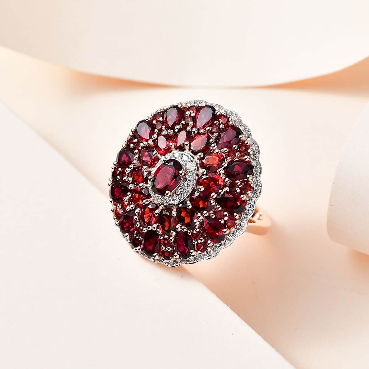 Anthill Garnet and White Zircon Cocktail Ring in Vermeil Rose Gold Over Sterling Silver (Size 7.0) 8.40 ctw image number 1