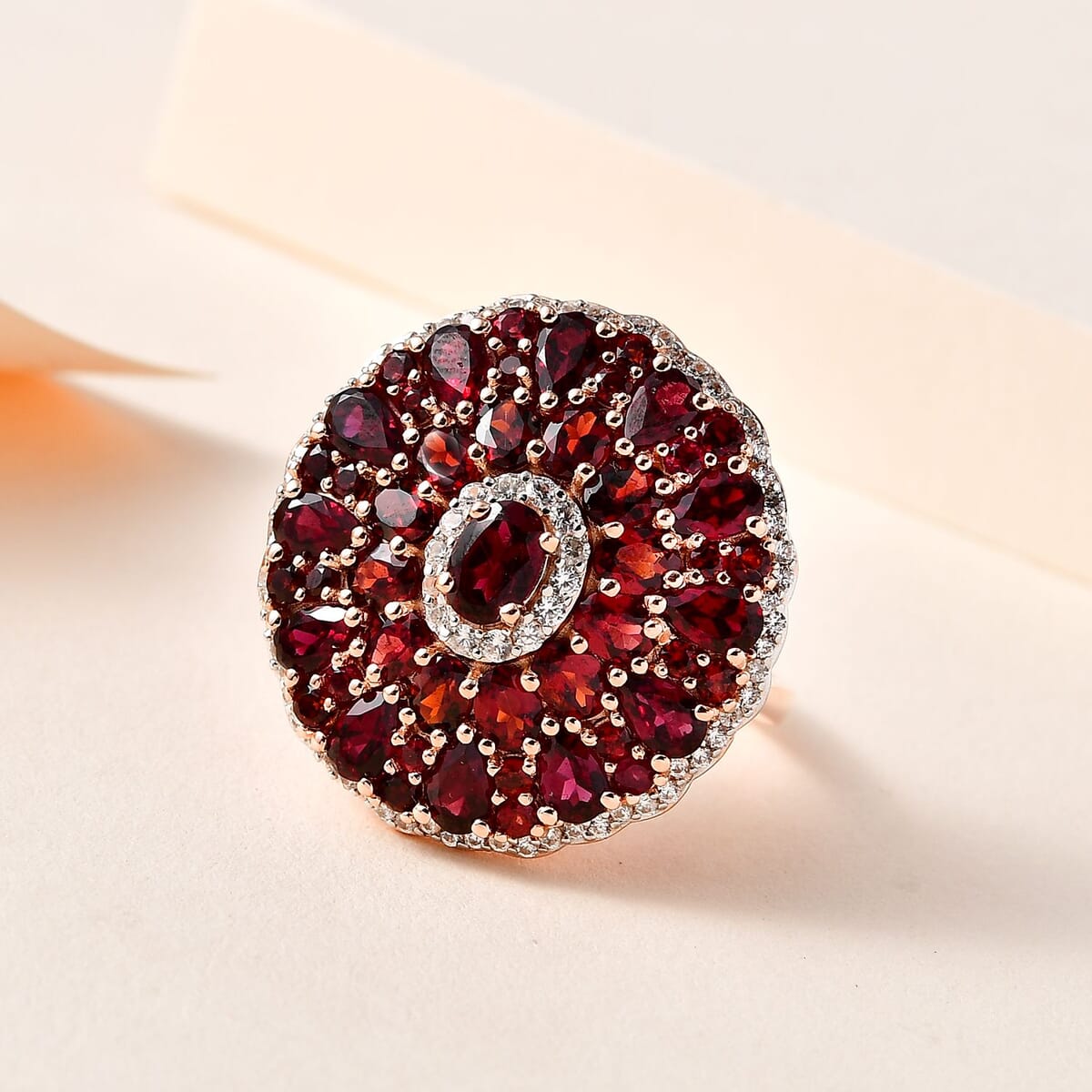 Anthill Garnet and White Zircon Cocktail Ring in Vermeil Rose Gold Over Sterling Silver (Size 8.0) 8.40 ctw image number 1