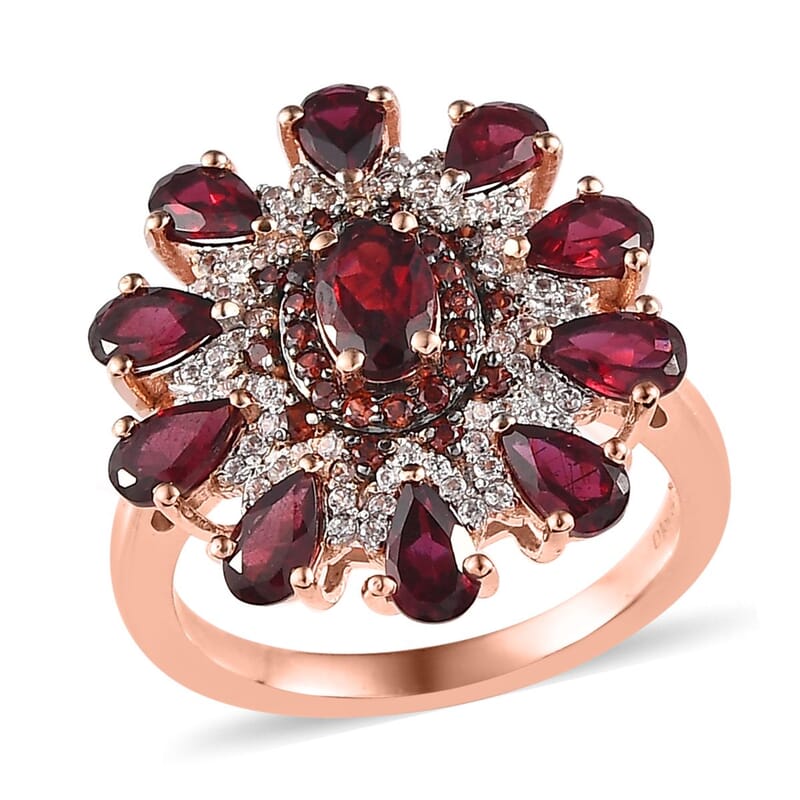 Anthill Garnet, White and Coffee Zircon Floral Ring in Vermeil Rose Gold Over Sterling Silver (Size 10.0) 3.50 ctw