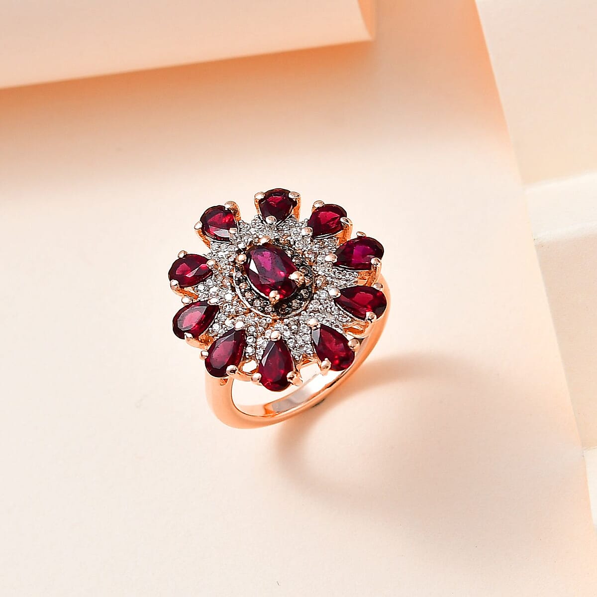 Premium Anthill Garnet, White and Coffee Zircon Floral Ring in Vermeil Rose Gold Over Sterling Silver (Size 10.0) 3.50 ctw image number 1