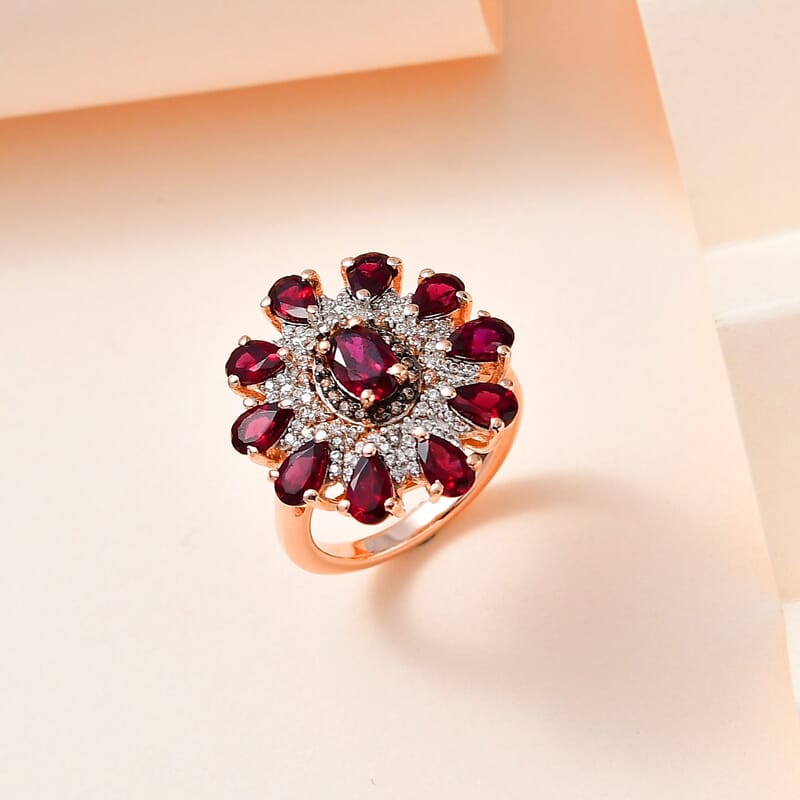 Anthill Garnet, White and Coffee Zircon Floral Ring in Vermeil Rose Gold Over Sterling Silver (Size 10.0) 3.50 ctw