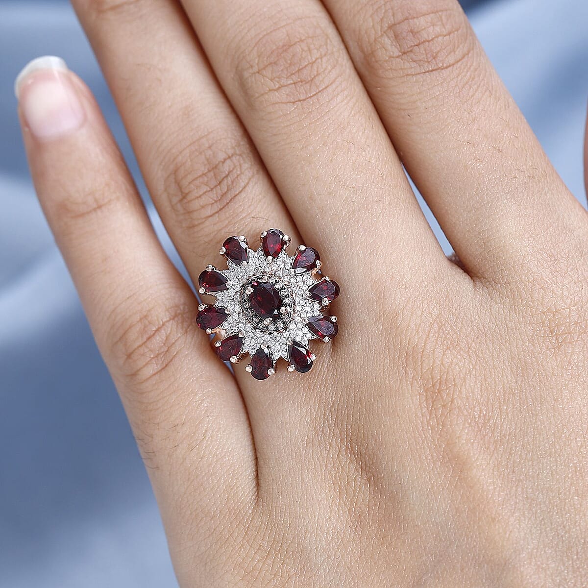 Premium Anthill Garnet, White and Coffee Zircon Floral Ring in Vermeil Rose Gold Over Sterling Silver (Size 10.0) 3.50 ctw image number 2