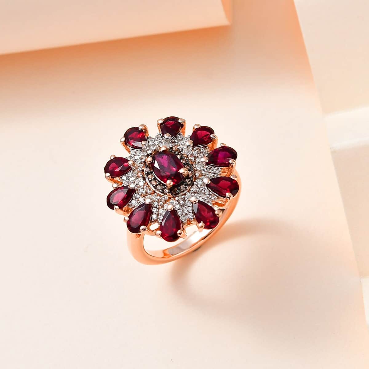 Anthill Garnet, White and Coffee Zircon Floral Ring in Vermeil Rose Gold Over Sterling Silver (Size 9.0) 3.50 ctw image number 1