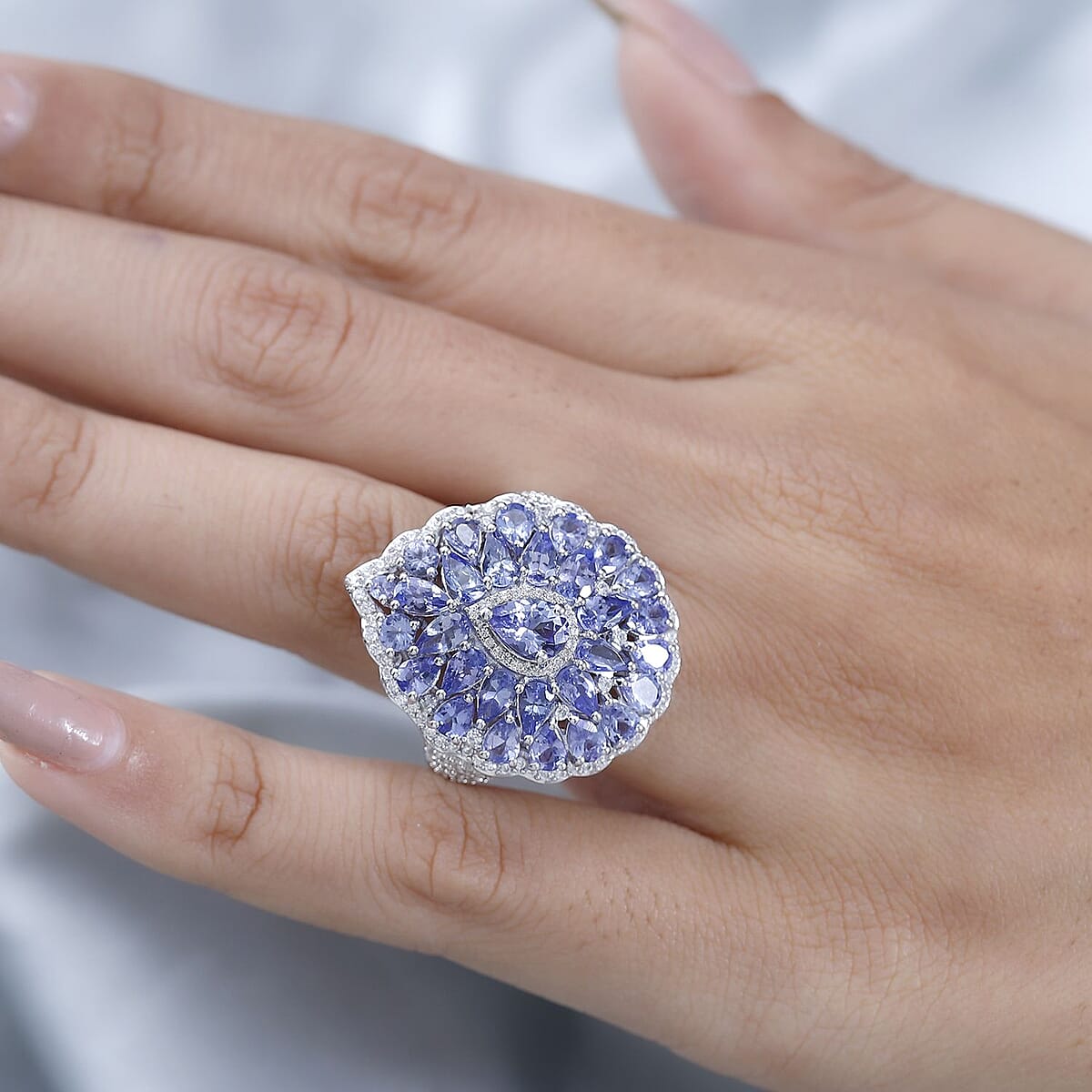 Tanzanite and White Zircon Floral Ring in Platinum Over Sterling Silver 7.65 ctw (Del. in 7-10 Days) image number 2