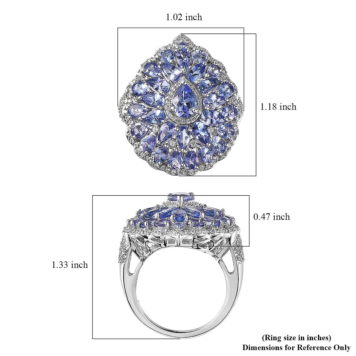Tanzanite and White Zircon Floral Ring in Platinum Over Sterling Silver 7.65 ctw (Del. in 7-10 Days) image number 5