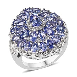 Tanzanite and White Zircon Floral Ring in Platinum Over Sterling Silver (Size 6.0) 6.00 ctw