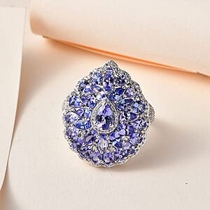 Tanzanite and White Zircon Floral Ring in Platinum Over Sterling Silver (Size 6.0) 6.00 ctw