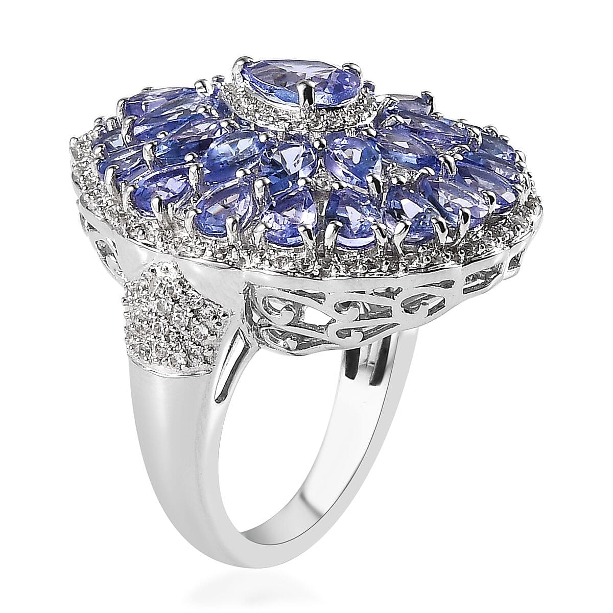 Tanzanite and White Zircon Floral Ring in Platinum Over Sterling Silver (Size 6.0) 6.00 ctw image number 3