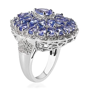Tanzanite and White Zircon Floral Ring in Platinum Over Sterling Silver (Size 6.0) 6.00 ctw