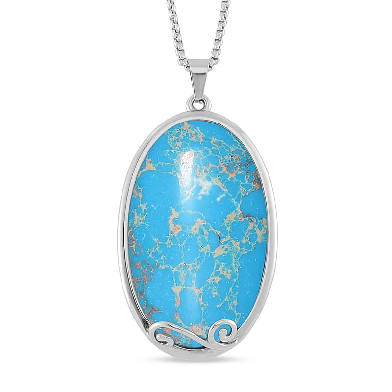 Blue Imperial Jasper 40.00 ctw Pendant Necklace in Stainless Steel 24 Inches