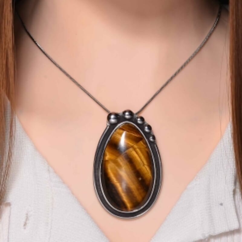 Yellow Tigers Eye 50.00 ctw Necklace (24 Inches) in Stainless Steel